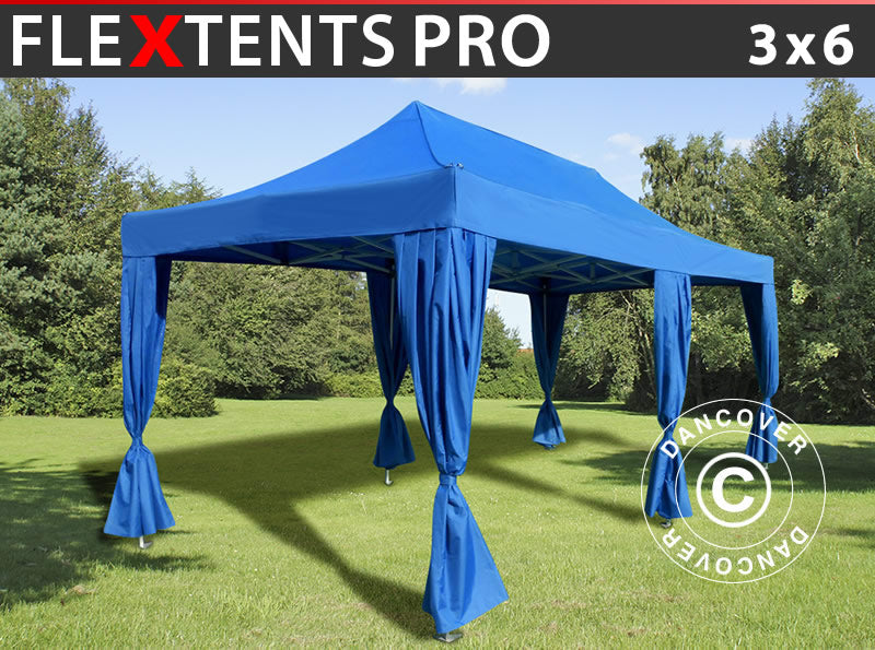 Namiot Ekspresowy FleXtents PRO 3x6m Niebieski, zawierający 6 ozdobnymi kurtynami