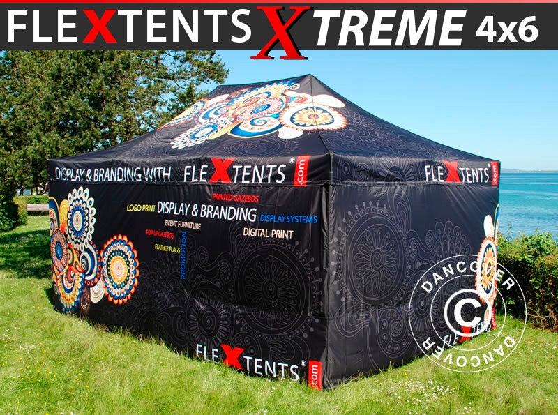 Namiot ekspresowy FleXtents Xtreme 50 z pełnym zadrukiem cyfrowym, 4x6m, zawierający 4 ściany boczne
