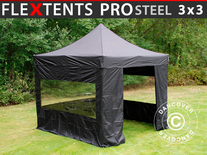 Namiot Ekspresowy FleXtents PRO Steel 3x3m Czarny, mq 4 ściany boczne