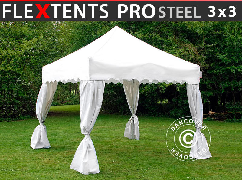 Namiot Ekspresowy FleXtents PRO Steel "Wave" 3x3m Biały, mq 4 ozdobnymi kurtynami