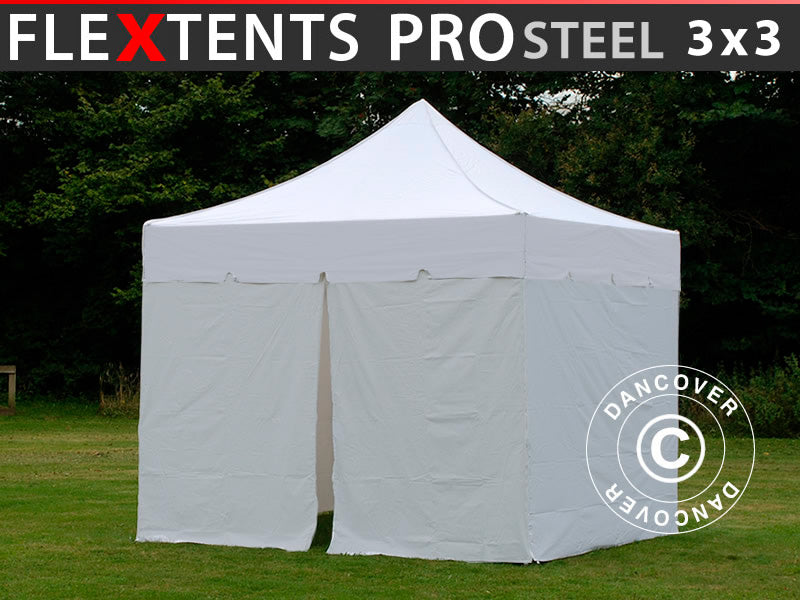 Namiot Ekspresowy FleXtents PRO Steel "Peaked" 3x3m Biały, mq 4 ściany boczne