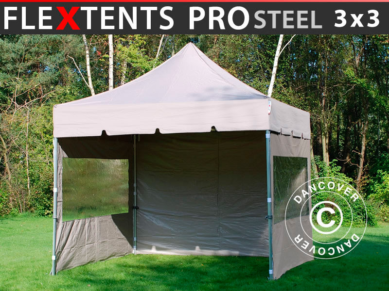 Namiot Ekspresowy FleXtents PRO Steel "Peaked" 3x3m Latte, mq 4 ściany boczne