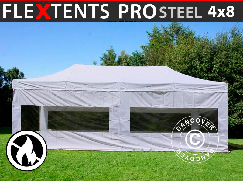 Namiot Ekspresowy FleXtents PRO Steel 4x8m Biały, Ogniotrwale, mq 6 ściany boczne