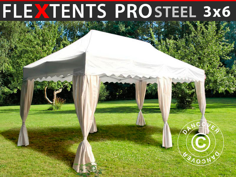 Namiot Ekspresowy FleXtents PRO Steel "Wave" 3x6m Biały, mq 6 ozdobnymi kurtynami