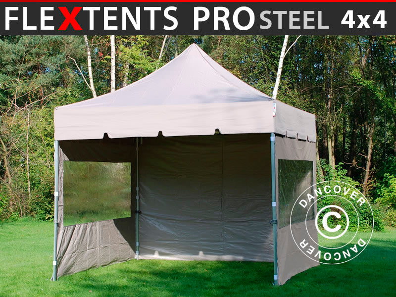 Namiot Ekspresowy FleXtents PRO Steel "Peaked" 4x4m Latte, mq 4 ściany boczne