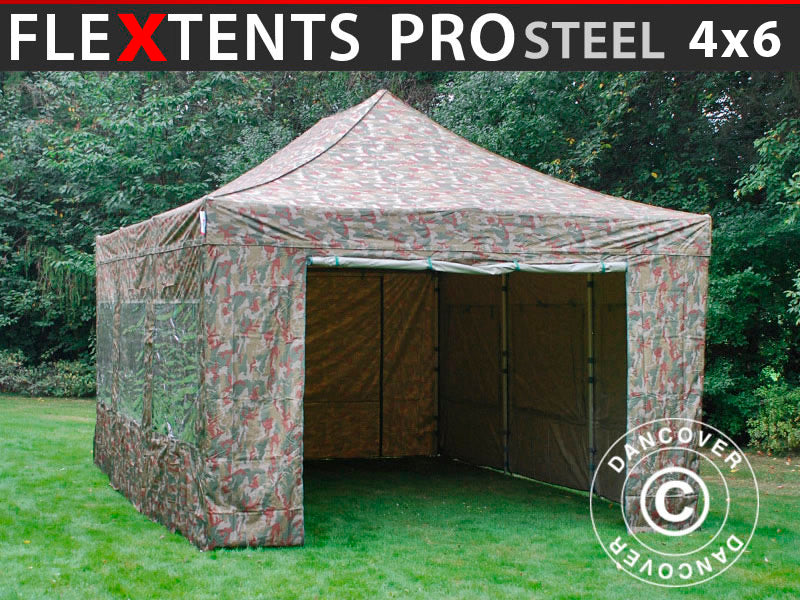 Namiot Ekspresowy FleXtents PRO Steel 4x6m Kamuflaż/Wojskowy, mq 8 ściany boczne