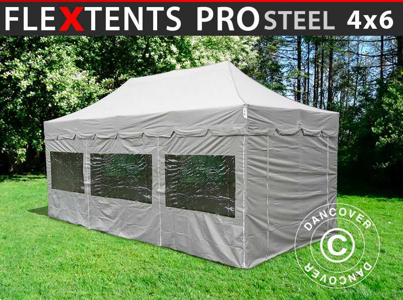 Namiot Ekspresowy FleXtents PRO Steel "Peaked" 4x6m Latte, mq 8 ściany boczne