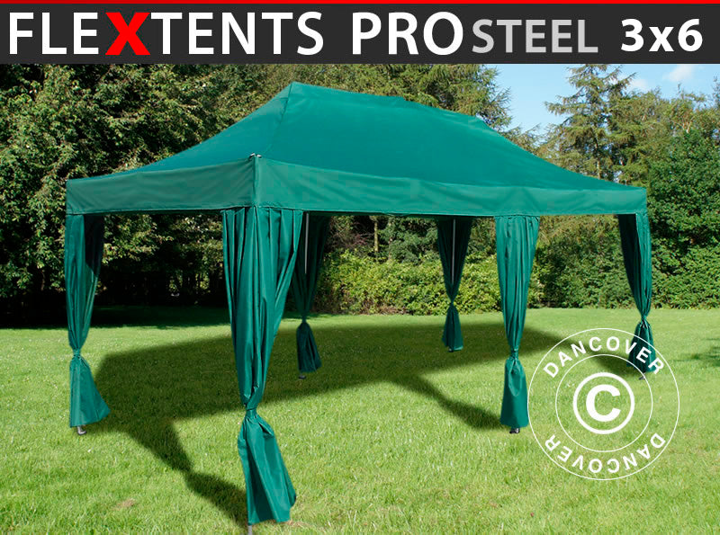 Namiot Ekspresowy FleXtents PRO Steel 3x6m Zielony, zawierający 6 ozdobnymi kurtynami