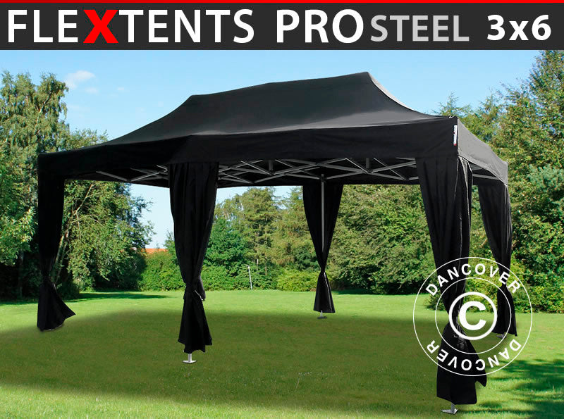 Namiot Ekspresowy FleXtents PRO Steel 3x6m Czarny, zawierający 6 ozdobnymi kurtynami