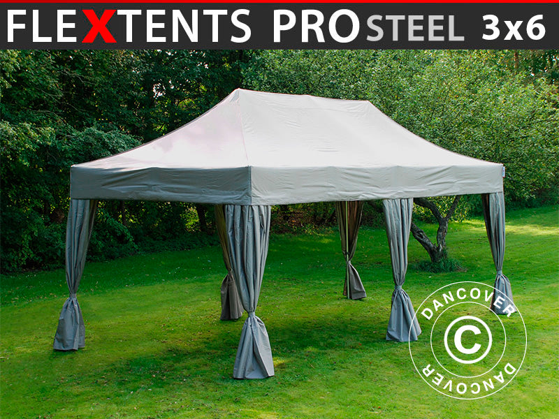 Namiot Ekspresowy FleXtents PRO Steel 3x6m Latte, zawierający 6 ozdobnymi kurtynami