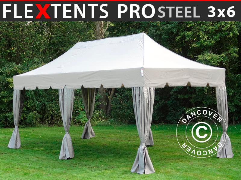 Namiot Ekspresowy FleXtents PRO Steel "Peaked" 3x6m Latte, mq 6 ozdobnymi kurtynami