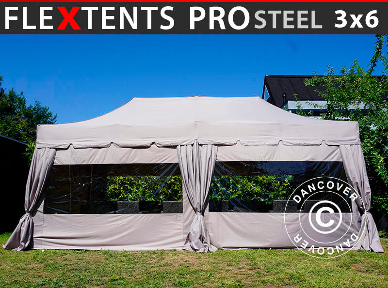 Namiot ekspresowy FleXtents PRO Steel "Peaked" 3x6m Latte, w tym 6 ścian bocznych i 6 zasłon dekoracyjnych