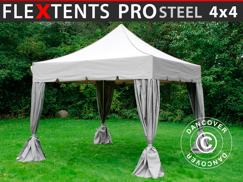 Namiot Ekspresowy FleXtents PRO Steel "Peaked" 4x4m Latte, mq 4 ozdobnymi kurtynami