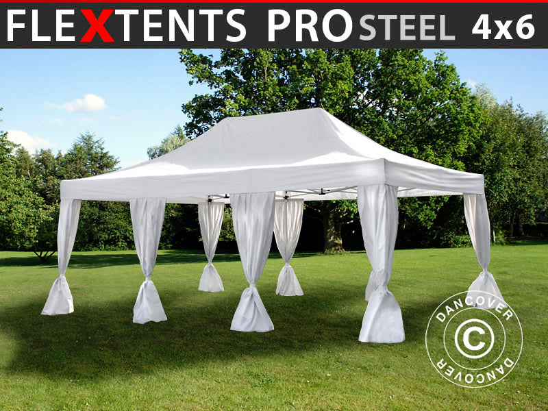 Namiot Ekspresowy FleXtents PRO Steel 4x6m Biały, mq 8 ozdobnymi kurtynami