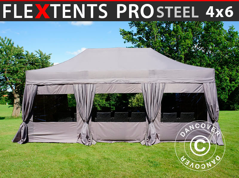 Namiot Ekspresowy FleXtents PRO Steel 4x6m Latte, mq 8 ściany boczne & ozdobnymi kurtynami