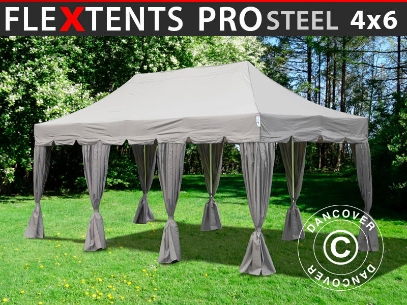 Namiot Ekspresowy FleXtents PRO Steel "Peaked" 4x6m Latte, mq 8 ozdobnymi kurtynami