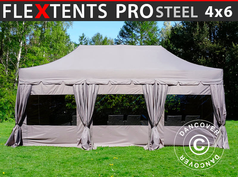 Namiot Ekspresowy FleXtents PRO Steel "Peaked" 4x6m Latte, mq 8 ściany boczne & ozdobnymi kurtynami