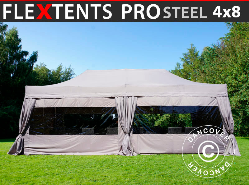 Namiot Ekspresowy FleXtents PRO Steel 4x8m Latte, mq 6 ściany boczne & ozdobnymi kurtynami