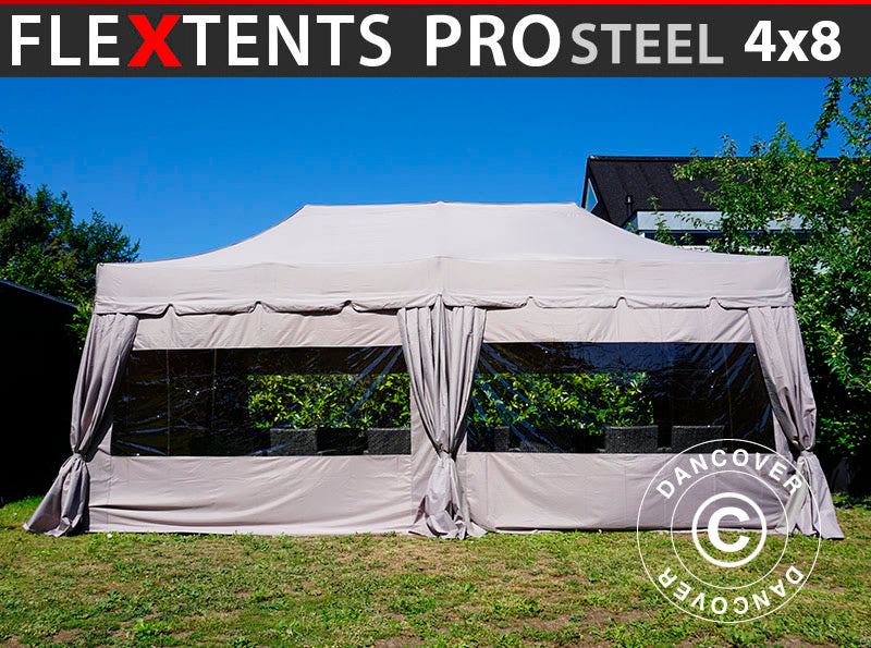 Namiot ekspresowy FleXtents PRO Steel "Peaked" 4x8m Latte, w tym 6 ścian bocznych i 6 zasłon dekoracyjnych