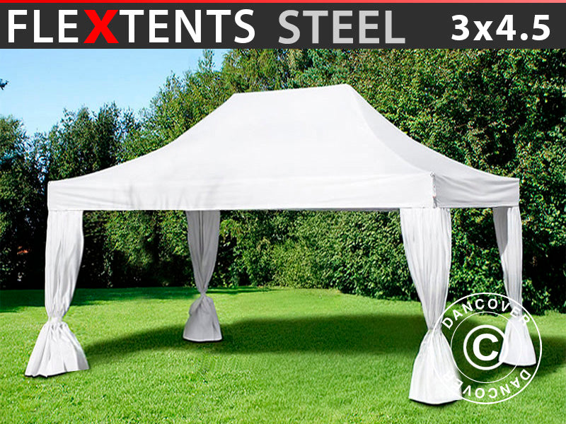 Namiot Ekspresowy FleXtents Steel 3x4,5m, Biały, zawierający 4 ozdobnymi kurtynami