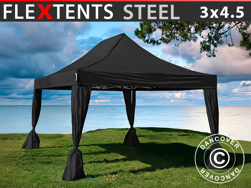 Namiot Ekspresowy FleXtents Steel 3x4,5m, Czarny, zawierający 4 ozdobnymi kurtynami
