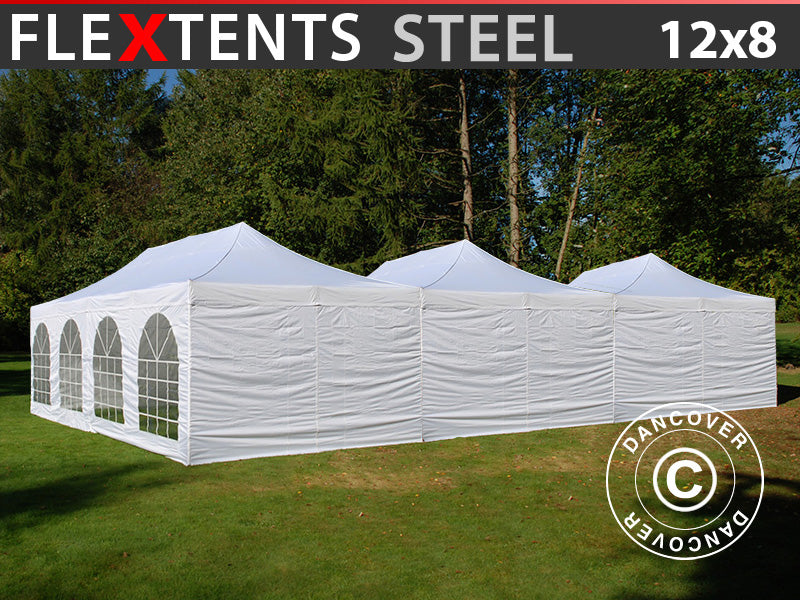 Namiot ekspresowy FleXtents® Steel 12x8m Biały, 8 ścian bocznych w komplecie