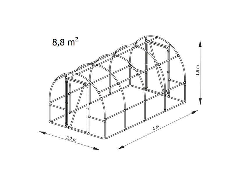 Tunel foliowy 130, 2,2x4x1,9m, 8,8m², Prezezroysty