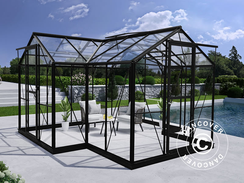 Oranżeria szklana 11,5m², 3,73x3,73x2,32m, z podstawą i ozdobnym wykończeniem, Czarna