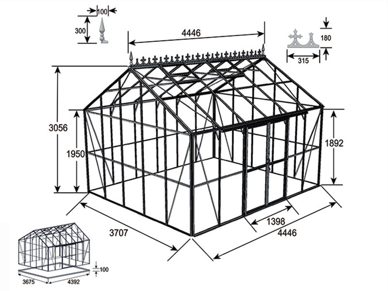 Oranżeria, szklarnia szklana 16,5m², 4,45x3,71x3,16m z podstawą i ozdobnym zwieńczeniem dachu, Czarna