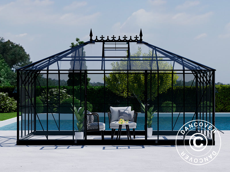 Oranżeria, szklarnia szklana 19m², 5,14x3,71x3,15m z podstawą i ozdobnym zwieńczeniem dachu, Czarna