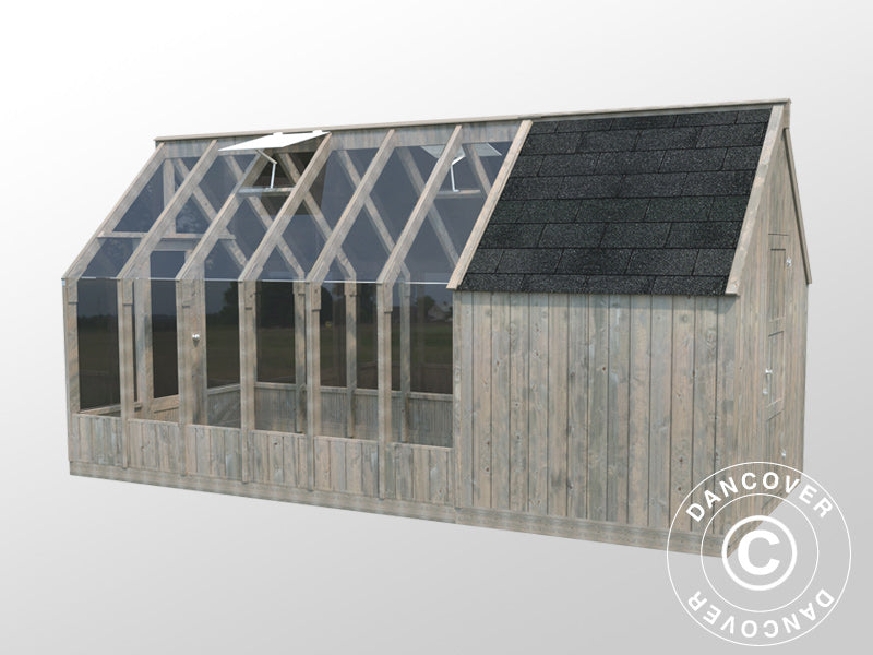 Drewniana szklarnia/pawilon ogrodowy z szopą, 2,4x5,5x2,83m, 12,24m², Szary