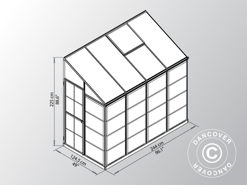 Szklarnia przyścienna z poliwęglanu, 3,05m², Palram/Canopia, 1,25x2,44x2,25m, Srebrny