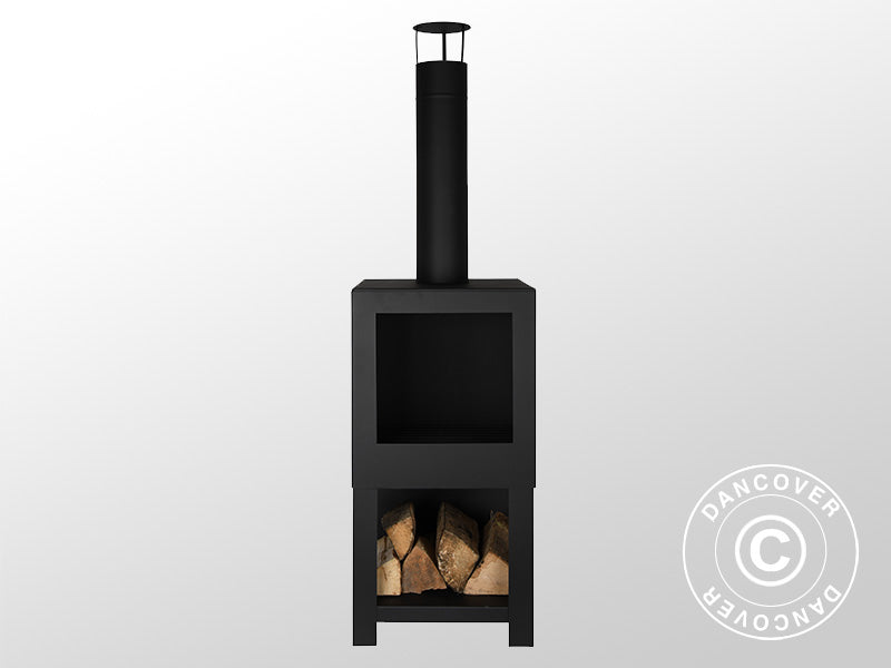 Kominek zewnętrzny w zestawie z półką na drewno, 38,4x38,4x136cm, Czarny