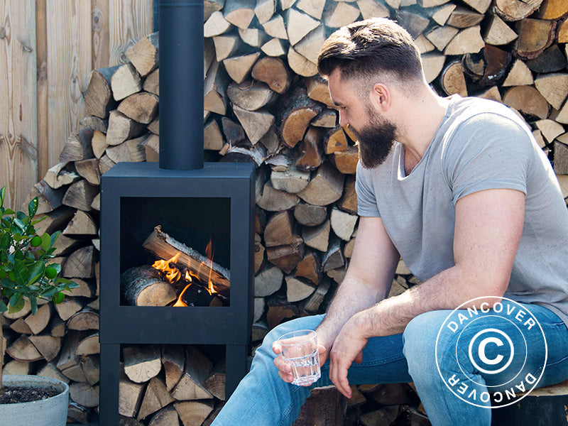 Kominek zewnętrzny w zestawie z półką na drewno, 38,4x38,4x136cm, Czarny