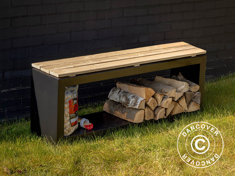 Ławka z miejscem na drewno, 29,5x118x48cm, Czarna/W kolorze drewna