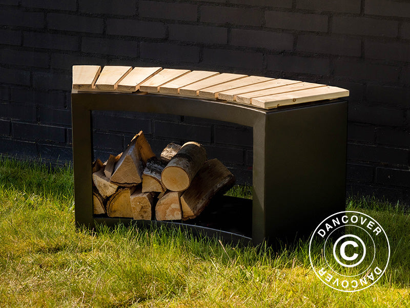 Ławka zaokrąglona z miejscem na drewno, 37,8x90,2x48cm, Czarna/W kolorze drewna