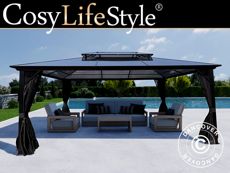 Pawilon Santa Ana z zasłonami i moskitierą, 3,65x4,85m, Czarny