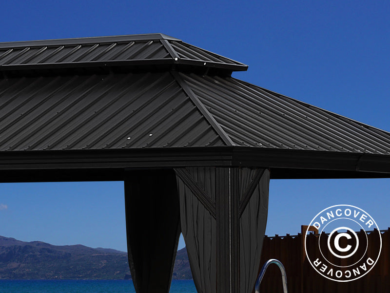 Pawilon Santa Fe z zasłonami i moskitierą, 3,65x6m, Czarny