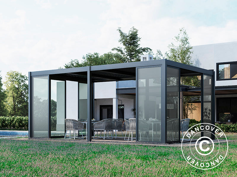 Bioklimatyczna pergola San Pablo Alu+ z drzwiami przesuwnymi, 3x5,8m Czarna