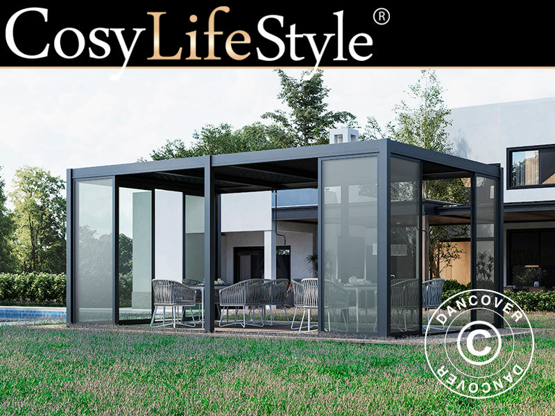 Bioklimatyczna pergola San Pablo Alu+ z drzwiami przesuwnymi, 4x5,8m, Czarna