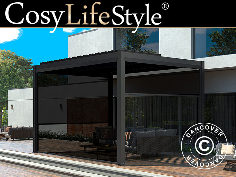 Bioklimatyczna altana pergola San Pablo Alu+, 4x4m, z 4 ściankami bocznymi, Czarny