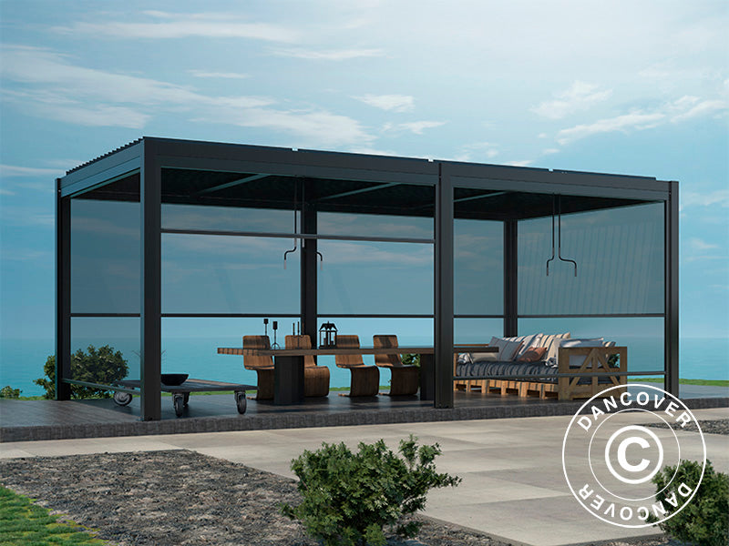 Bioklimatyczny pawilon ogrodowy San Pablo Alu+, 3x5,8m z 6 elektrycznymi ścianami bocznymi, Czarny