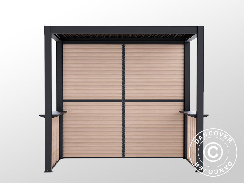 Pergola San Juan do grilla, z ściankami i bokami z lameli, 2,5x1,5x2,3m, Czarna/Imitacja drewna