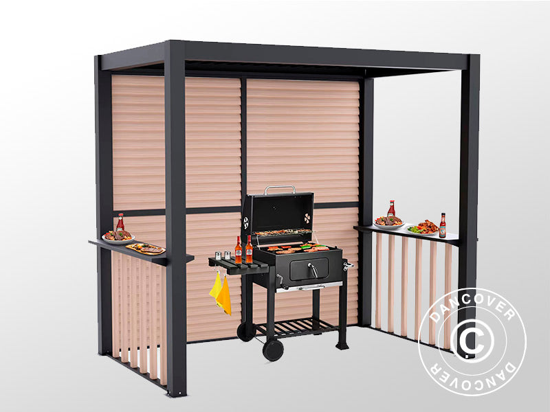 Pergola San Juan do grilla, z ściankami i bokami z lameli, 2,5x1,5x2,3m, Czarna/Imitacja drewna