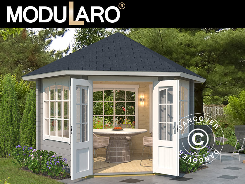 Drewniany pawilon Alicante, sześciokątny 3,5x3,03x3,07m, 44mm, Jasny szary