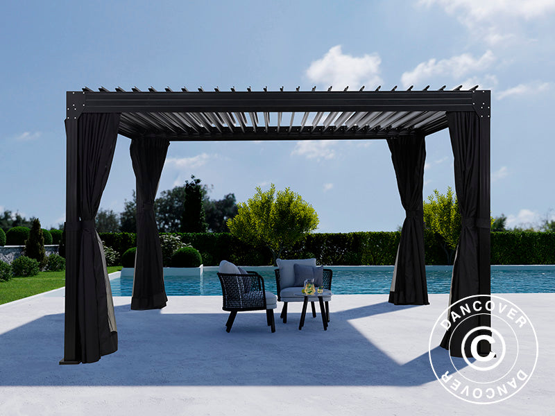 Bioklimatyczna pergola Monterey, 3x4m, z zasłonami i moskitierą, Czarna