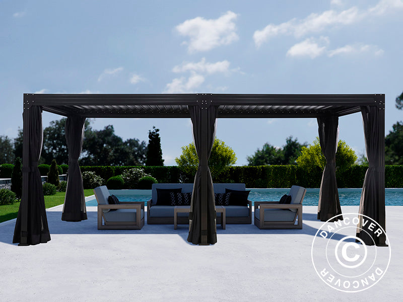 Bioklimatyczna pergola Monterey, 3x6m, z zasłonami i moskitierą, Czarna