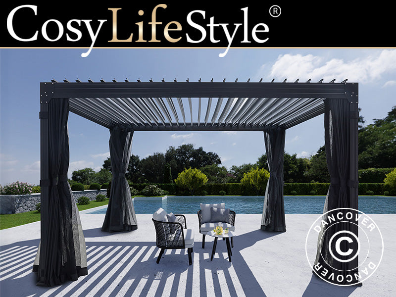 Bioklimatyczna pergola Monterey, 4x4m, z zasłonami i moskitierą, Czarna