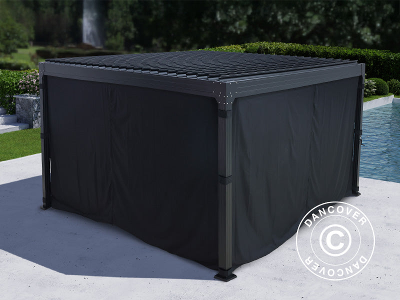 Bioklimatyczna pergola Monterey, 4x4m, z zasłonami i moskitierą, Czarna