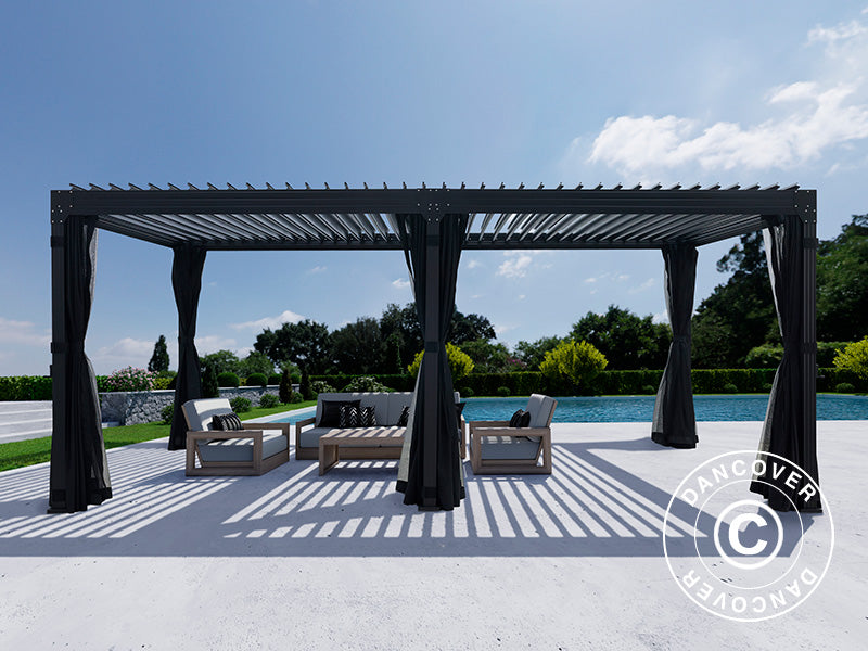 Bioklimatyczna pergola Monterey, 4x8m, z zasłonami i moskitierą, Czarna